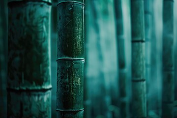 Green bamboo poles standing in a forest, suitable for nature and environmental themes