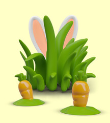 Realistic green grass, carrot, rabbit ears. Find Easter Bunny