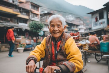 Captivating close up portrait of an elderly asian woman against an urban street backdrop - obrazy, fototapety, plakaty