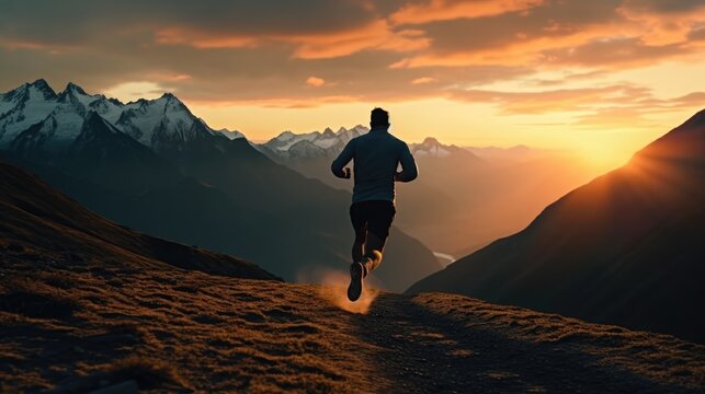 A man running up a hill at sunset. Perfect for fitness or motivation concepts