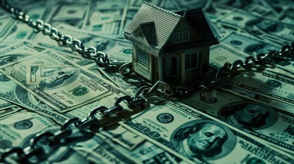 A conceptual image featuring a model house wrapped in chains over a bed of US dollar bills, symbolizing mortgage, debt, or financial security.
 - obrazy, fototapety, plakaty