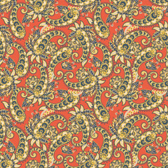 Paisley and ethnic flowers seamless vector pattern. floral vintage background - 747945032
