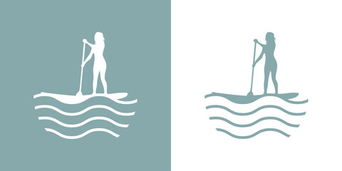 Logo club de paddle surf. Silueta de mujer de pie en tabla de paddle surf con remo con olas de mar - obrazy, fototapety, plakaty