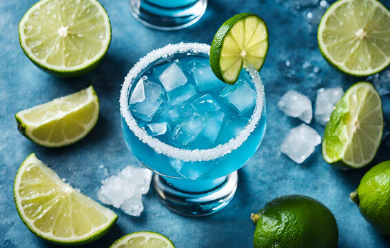 Close up of a salted blue rimmed margarita glass with lime slice generative ai
