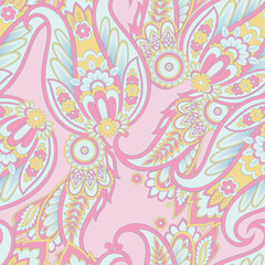 Floral paisley seamless pattern. Damask colorful vector textile background - 747945263