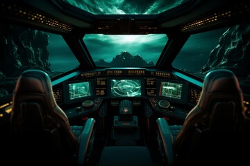 Futuristic spaceship cockpit with advanced control panels, inspiring space travel technology concept