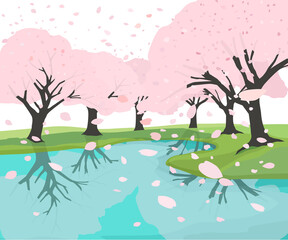 満開の桜と風に舞う花びら