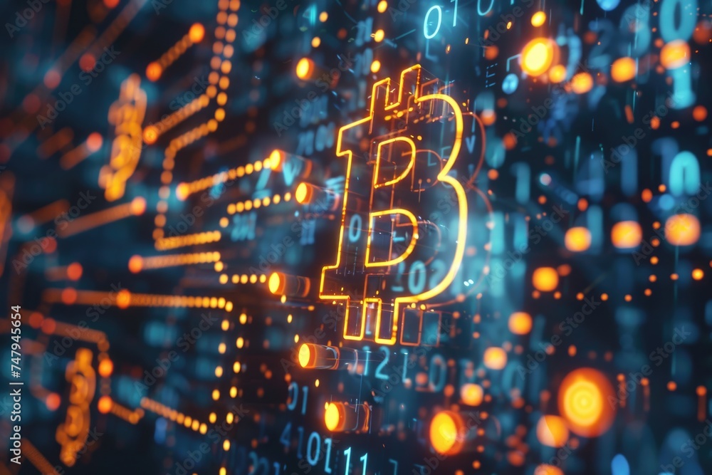 Poster a bitcoin sign surrounded by glowing numbers. ideal for cryptocurrency concepts