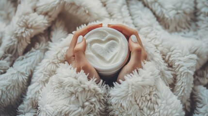 Obraz na płótnie Canvas Beautiful groomed woman's hands with cream jar on the fluffy blanket. Moisturizing cream for clean and soft skin in winter time. Heart shape created from cream. Love a body. Healthcare concept.