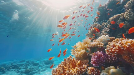 Fototapeta na wymiar Beautiful tropical coral reef with shoal or red coral fish, anthias.