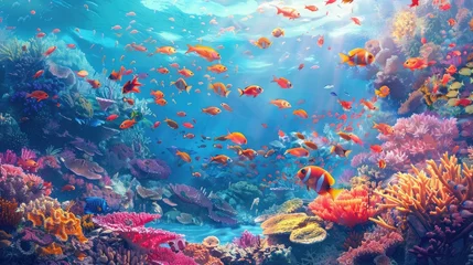 Foto op Canvas Beautiful tropical coral reef with shoal or red coral fish, anthias. © buraratn