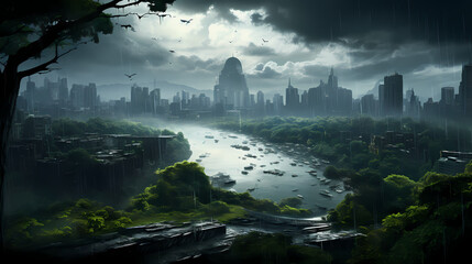 panorama of the apocalypse city, City in the Rain:  Cobblestone Streets Glistening under Lamplight