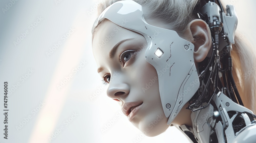 Poster futuristic white artificial intelligence humanoid robot portrait with space for text placement