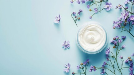 Fototapeta na wymiar Blue background plain cream white cream skin care products cosmetics