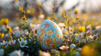 Obraz na płótnie Canvas An Easter egg ornament, with a sunny sky as the background, during a festive egg hunt