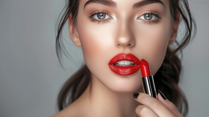 Close up portrait of attractive girl rouging her lips. She is holding red lipstick. Her mouth is gently open. Isolated on grey background - obrazy, fototapety, plakaty