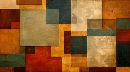 A symmetrical arrangement of interwoven squares and rectangles, bathed in warm, inviting flat colors, exuding a sense of order and balance.