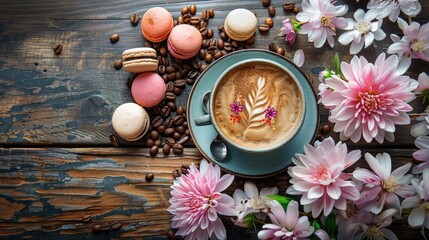 Fototapeta na wymiar Cup of coffee cappuccino with flower shaped, macarons and coffee beans on old wooden background