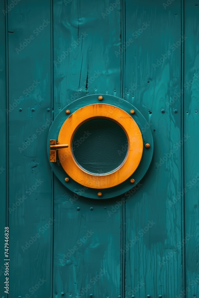 Poster close up of a door with a round window, suitable for architectural designs