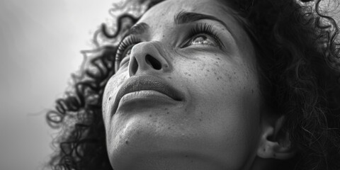 Black and white photo of a woman with freckles. Ideal for beauty or skincare concepts