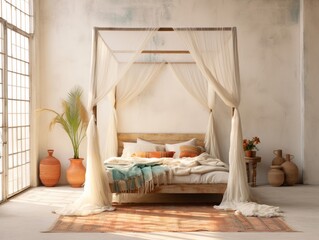 Bohemian bedroom with a canopy bed draped in light airy fabrics and a vibrant Moroccan rug on the floor