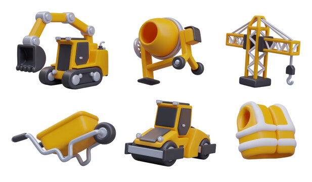 3D excavator, concrete mixer, lifting crane, wheelbarrow, road roller, signal vest