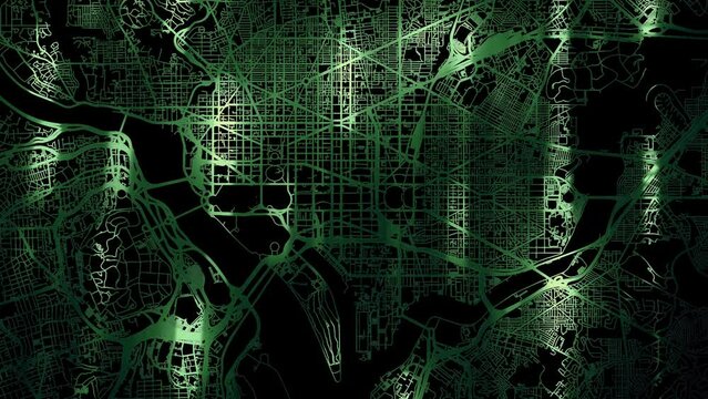 Zoom in road map of Washington center District of Columbia with green glowing roads on a black background.