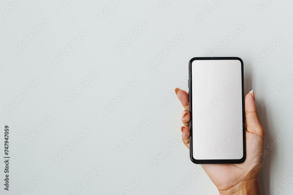 Poster a person holding a phone with a white screen. suitable for technology concepts