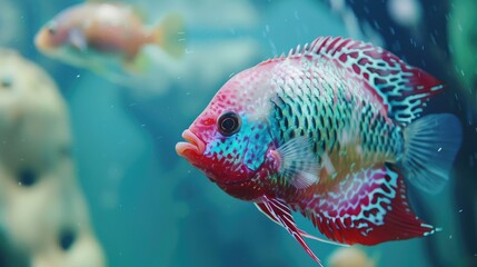 Flowerhorn Cichlid Colorful fish swimming in Aquarium deep blue freshwater fish tank. Flower horn...