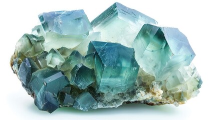 green blue rare fluorite mineral specimen isolated on white background. Rare double color mineral gem stone (fluorspar) from Rogerley in England. Natural cubic crystals