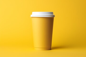 a yellow paper cup with a white lid