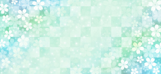 和風の輝く桜の花と市松模様の背景、青緑系