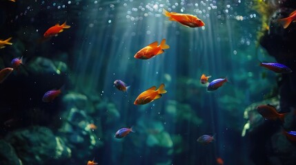 Fototapeta premium aquarium colourfull fishes in dark deep blue water