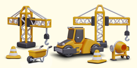 Obraz na płótnie Canvas Construction scene. Realistic lifting crane, road roller, concrete mixer, wheelbarrow, signal cone