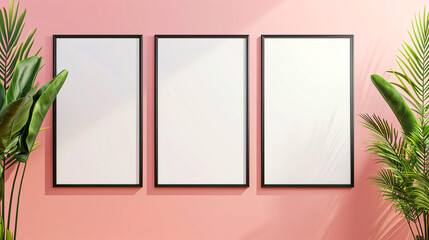 three vertical frames mockup, concept of proposal and design phase of a product, isolated pastel pink and yellow background