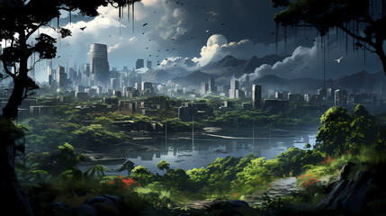 landscape with lake and forest, Glowing City Hidden Amongst Lush Forest