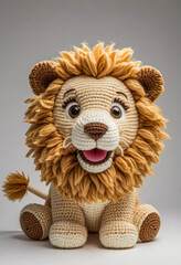 Cute little lion handmade toy on simple grey background. Amigurumi toy making, knitting, hobby
