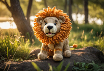 Little cute lion handmade toy on beautiful summer forest landscape background. Knitting, hobby, amigurumi toy