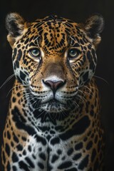 Naklejka premium Close-up of a leopard's face on a black background. Ideal for wildlife and animal themed projects