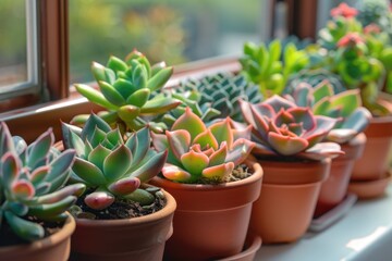 Succulent plants arranged in pots on a window sill, perfect for home decor projects