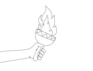 Torch symbol, continuous line drawing. Outline drawing Hand with torch. Torch isolated on white background. Torch for Print, web design advertising. Vector illustration.
