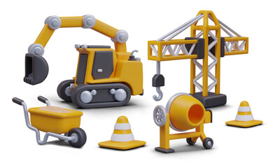 Color 3D scene of construction. Special heavy equipment, devices, safety objects
