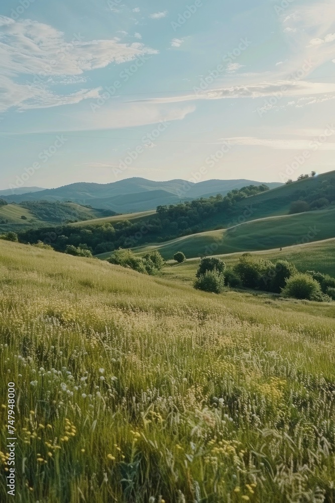Poster a peaceful scene of grassy field with rolling hills in the background. suitable for nature and lands