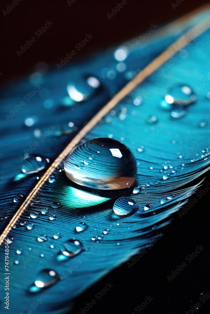 Poster a single water drop resting on a delicate feather. perfect for nature and beauty concepts