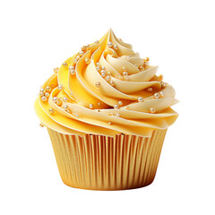Golden yellow Lemon Cupcake and Icing with colorful sprinkles on top, birthday cupcake, Isolated on Transparent Background PNG, Gold cupcake liner