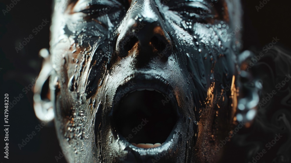 Poster close-up of a person with black paint on their face, suitable for artistic and abstract projects