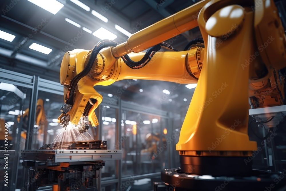 Poster a robotic arm in a industrial setting. suitable for technology and manufacturing concepts