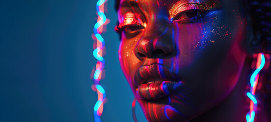portrait of a young beautiful woman with fluorescent prints on her face. fluorescent prints that glow in ultraviolet rays. - obrazy, fototapety, plakaty