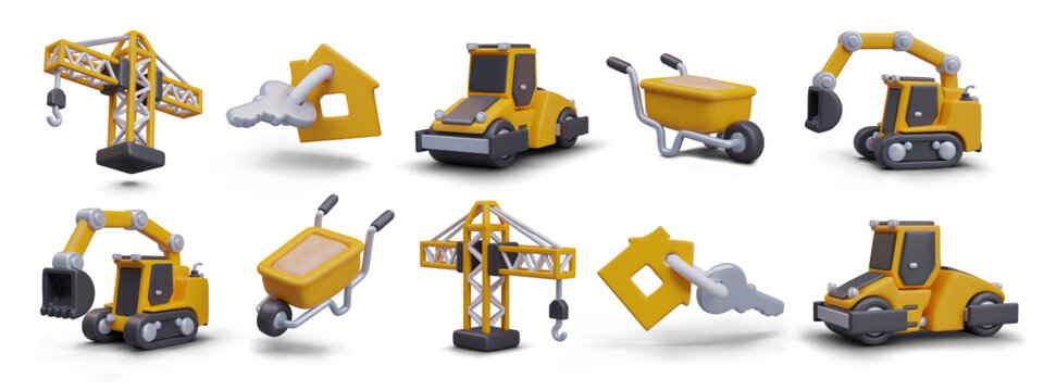 Yellow lifting crane, house key tag, road roller, wheelbarrow, excavator