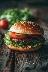 A delicious hamburger on a rustic wooden table. Perfect for food-related projects